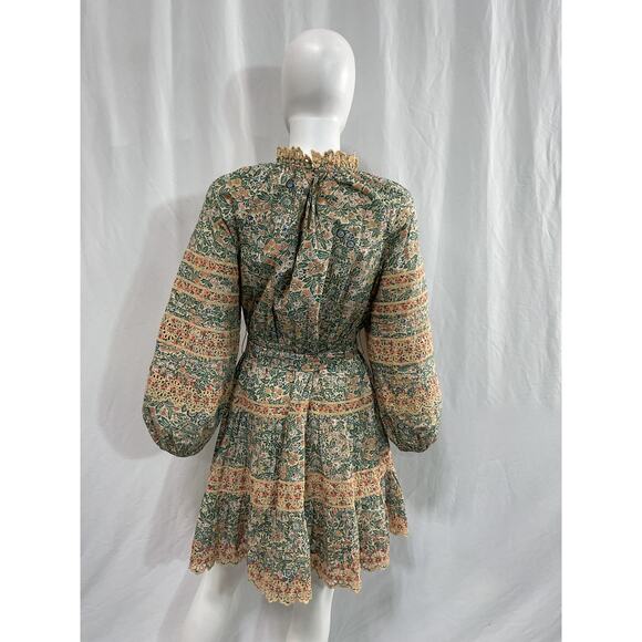 Ulla Johnson 'Ardith' Green Belted Broderie Anglaise-Trimmed Floral Poplin Mini - Picture 3 of 5